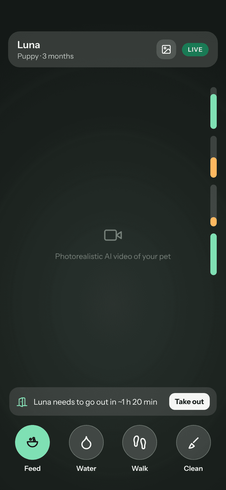The child's home screen: the pet's live state, four care needs and the care buttons.
